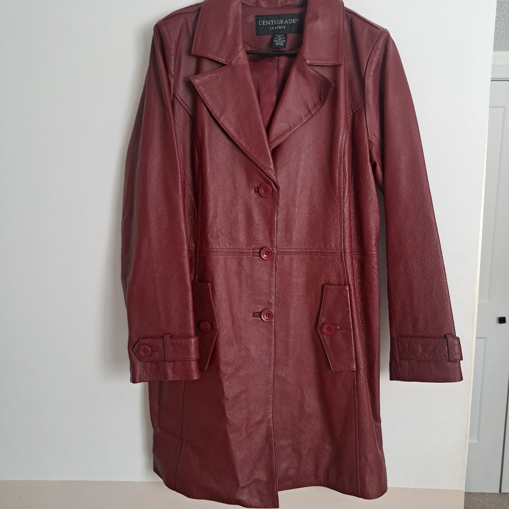 Centigrade Leather Red Trench Coat Jacket Lined Botton Up Vintage Women's Medium